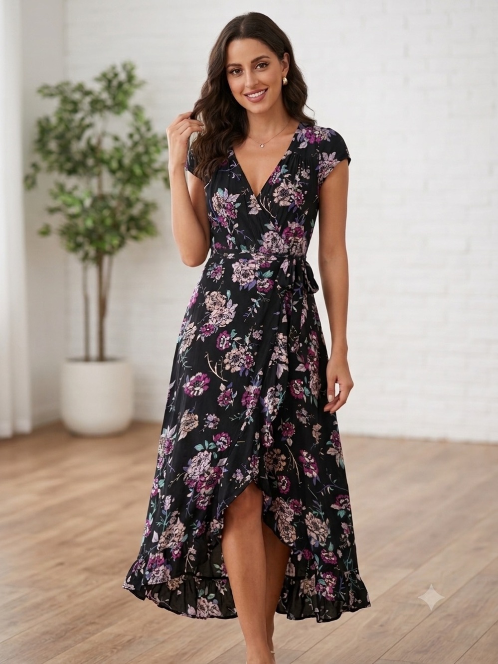 Patrons of Peace Black Wrap Dress with Purple and Pink Floral Print Small